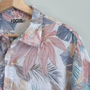 FOCUS 100% Linen Button Down Pocket Italy Tropical Hawaiian Shirt Men's Large